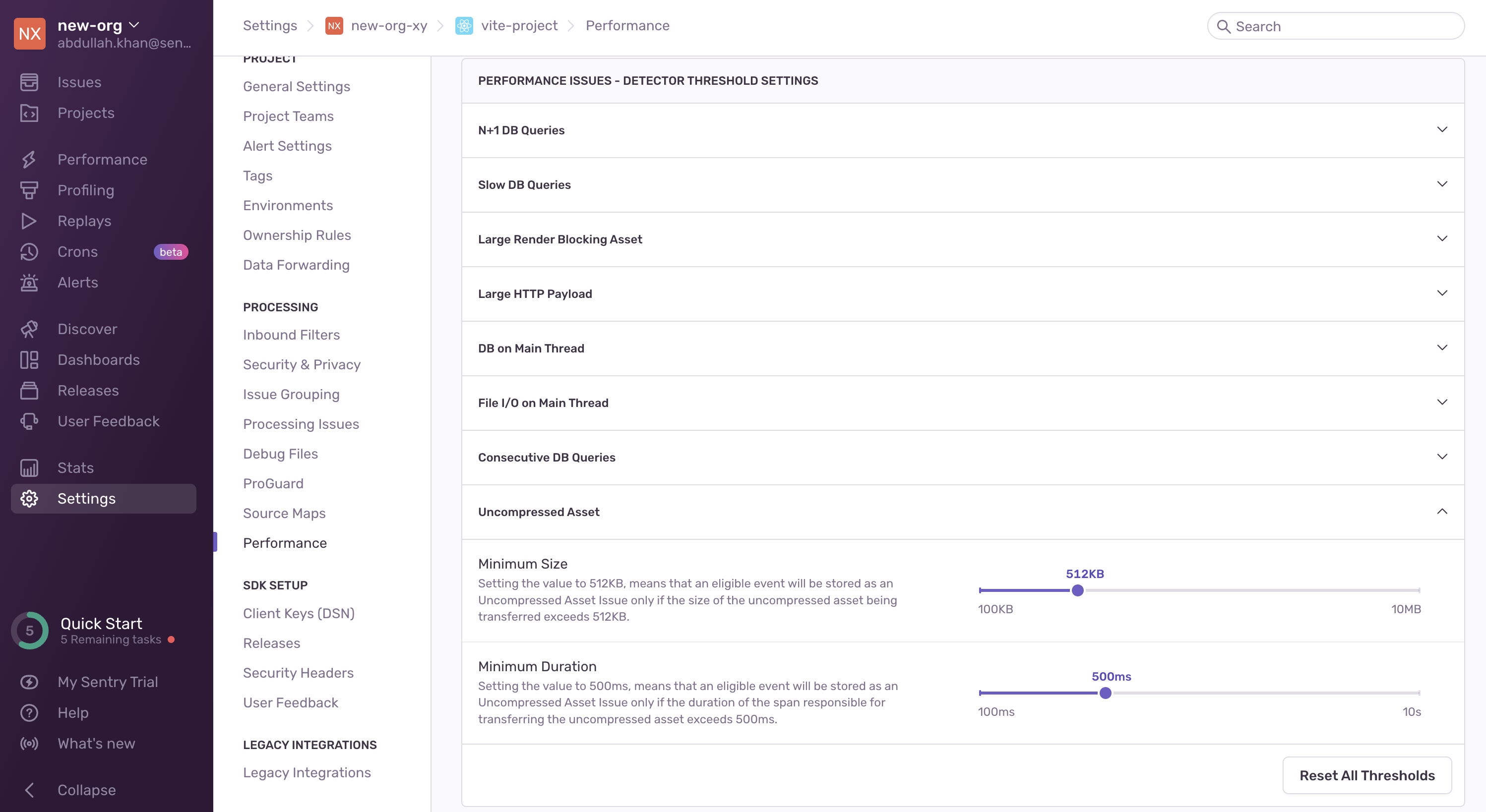 Uncompressed Asset detector threshold settings